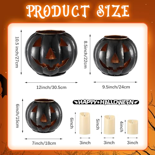 3 Sets Halloween Metal Jack O Lanterns Pumpkin with 3 LED Candles with Black Creepy Cloth Decoration Bundle I762
