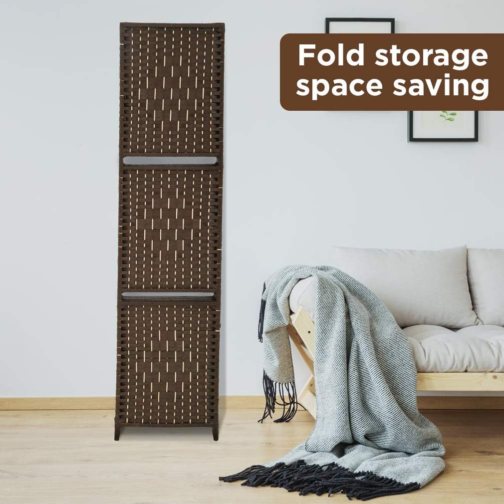 Brown 6 Panel Wooden Folding Room Divider with Shelves A4265