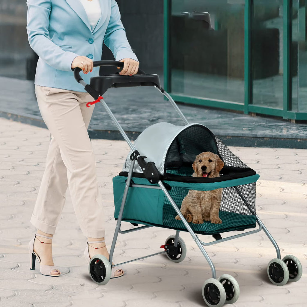 Teal Folding 4-Wheel Dog Stroller D375931