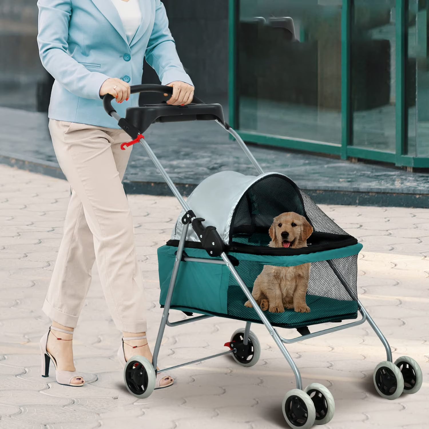 Teal Folding 4-Wheel Dog Stroller D375931