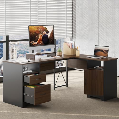 Gray L Shaped Desk with File Drawers, 63" x 47" Corner Desk with Monitor Stand Z6344