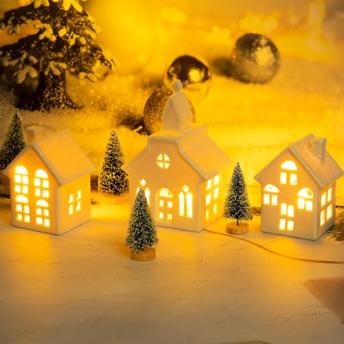 7 Pcs Christmas Porcelain Village Tabletop Figurine LED House Decorations J40535