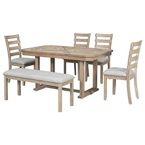 6-Piece Rubber Wood Dining Table Set with 4 Cushioned Chairs and Bench, Light Gray T736772