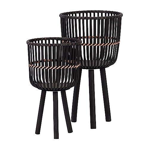 Set of 2 Bamboo Wood Planters on Stands, Brown/Black V402