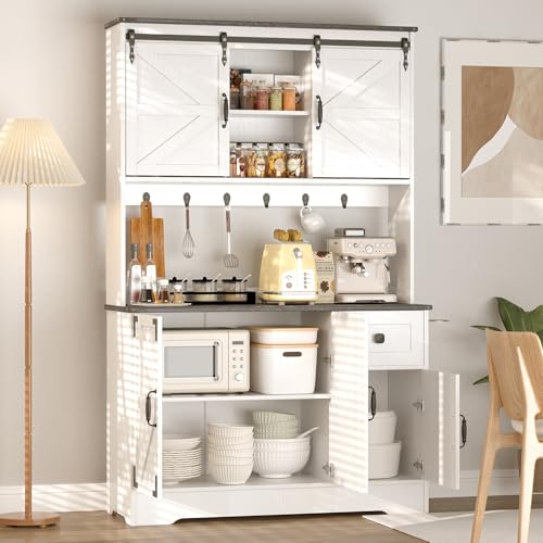 White Kitchen Pantry Cabinet with Charging Station and Microwave Stand K96578