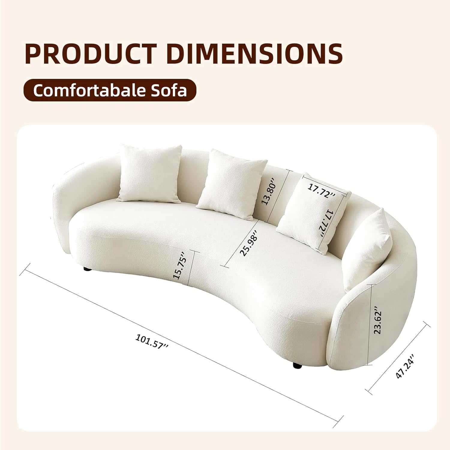 Teddy Fabric Curved Half Moon Sectional 4-Seat Sofa Couch with 4 Throw Pillows K769