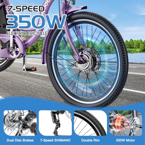 350W 36V 7 Speeds 3 Wheels Electric Tricycle with Large Basket D915078
