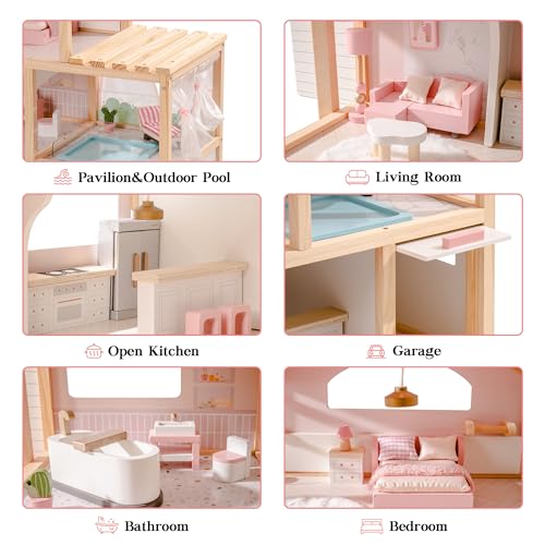 Pink Wooden Dollhouse with 6 Rooms and 29-pcs Furniture Set I1455