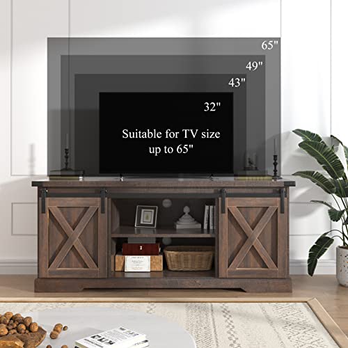 Brown Wood TV Stand with Sliding Barn Doors and Adjustable Shelves O253739