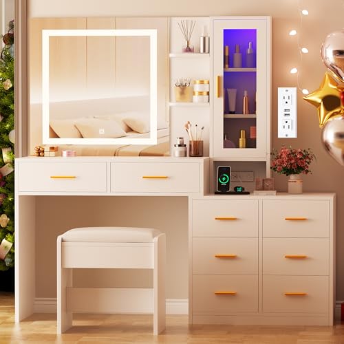 White 51.8" Makeup Vanity Desk with Mirror and Lights 8 Drawers T57628