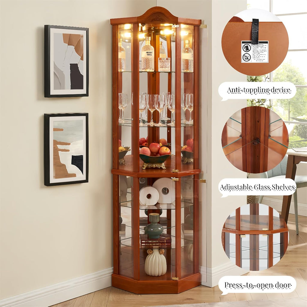 Brown Corner Curio Cabinet with Tempered Glass Doors and Adjustable Shelves U495