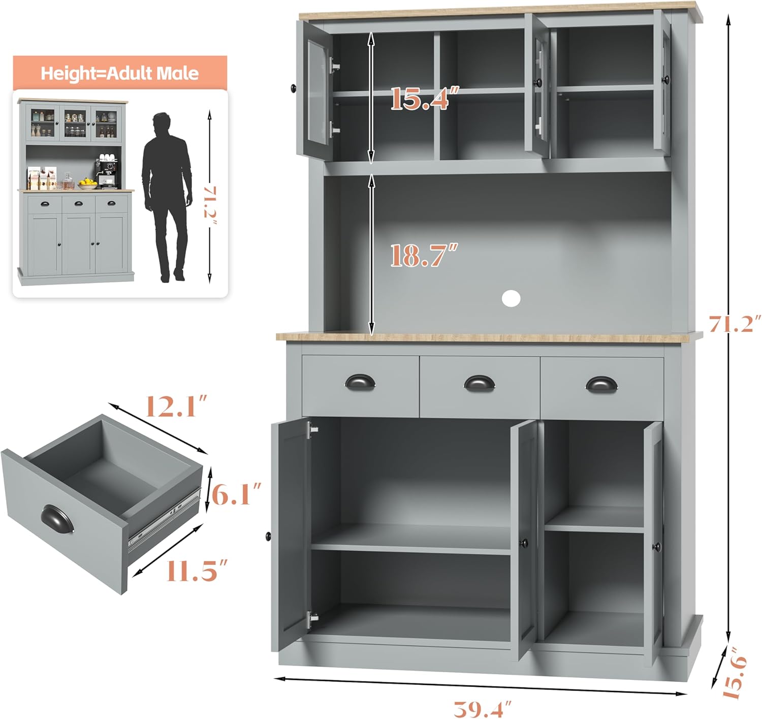 Grey Kitchen Hutch Storage Cabinet with Countertop and Drawers G810