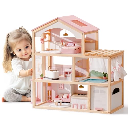 Pink Wooden Dollhouse with 6 Rooms and 29-pcs Furniture Set I1455