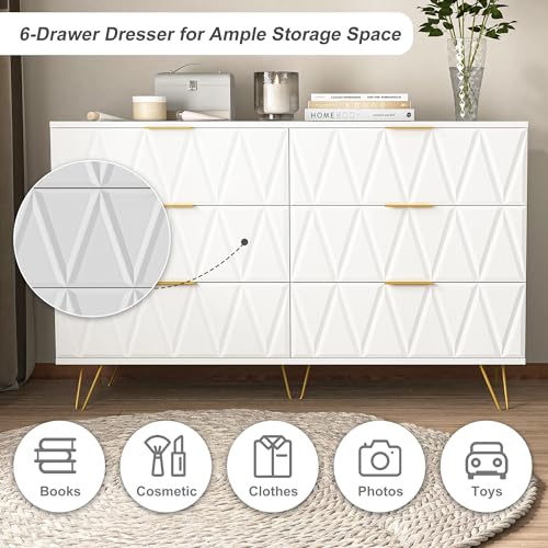 White 6 Drawer Wood Dresser with Gold Handles M626
