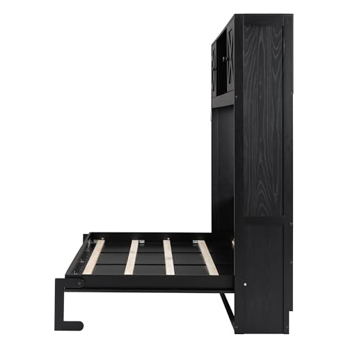 Black Full Horizontal Murphy Bed with Shelves and Storage Bookcase J615