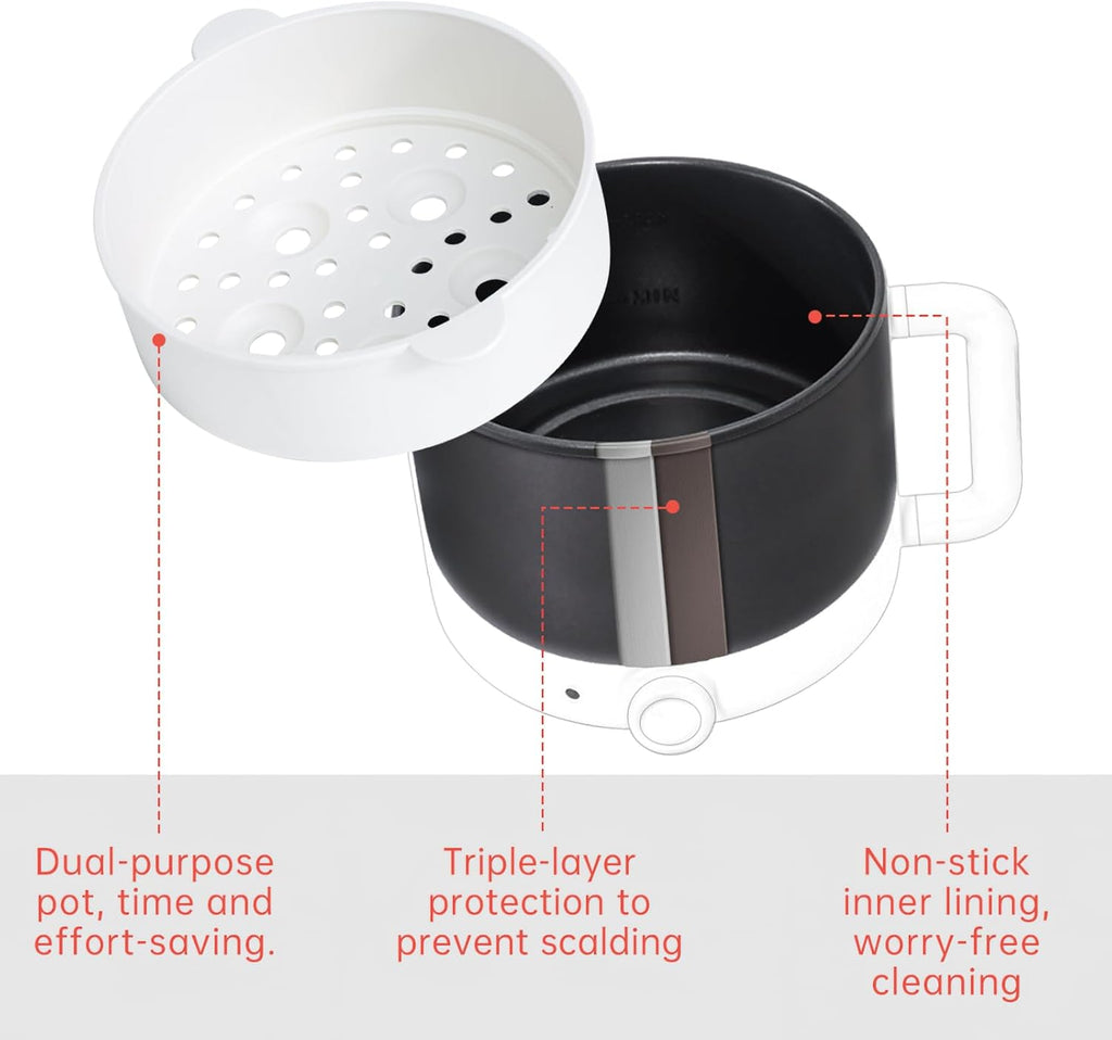 White Electric Mini Ramen Cooker 1.2L Nonstick 300W/600W Y35762