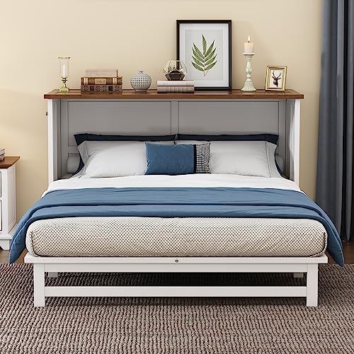 White+Walnut Full Wood Murphy Bed with Storage Drawers U192