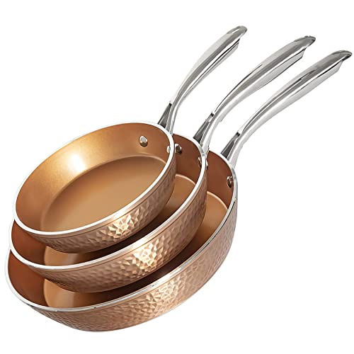 3 Piece Hammered Copper Nonstick Frying Pan Set with Glass Lid K969