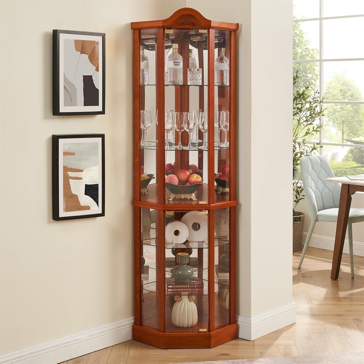 Brown Corner Curio Cabinet with Tempered Glass Doors and Adjustable Shelves U495