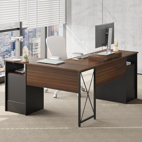 Gray L Shaped Desk with File Drawers, 63" x 47" Corner Desk with Monitor Stand Z6344