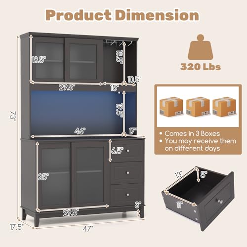 73" Kitchen Pantry Storage Cabinet with LED Lights & Power Outlet, Wine Glass Racks, Adjustable Shelves, Drawers (Espresso) Q89858