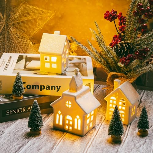 7 Pcs Christmas Porcelain Village Tabletop Figurine LED House Decorations J40535