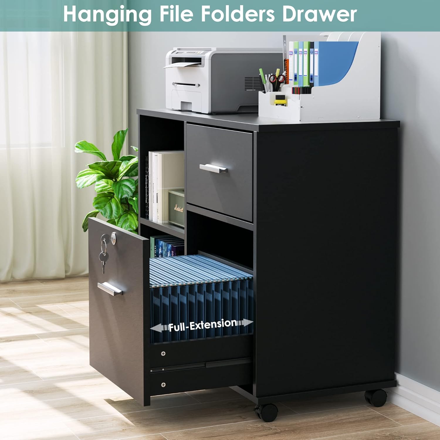 Black Wood Lateral File Cabinet with Lock H30498