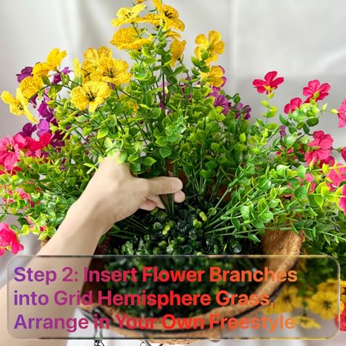 2 Sets Outdoor Artificial Flowers with 12" Hanging Basket, 24 Bunches of Faux Flowers with 2 Hanging Planters Yellow Orange L4566