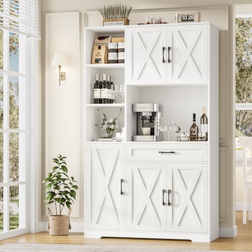 71" Tall Kitchen Pantry Storage Cabinet with Microwave Stand, Barn Doors, Large Drawer and Shelves, Ash Grey F204