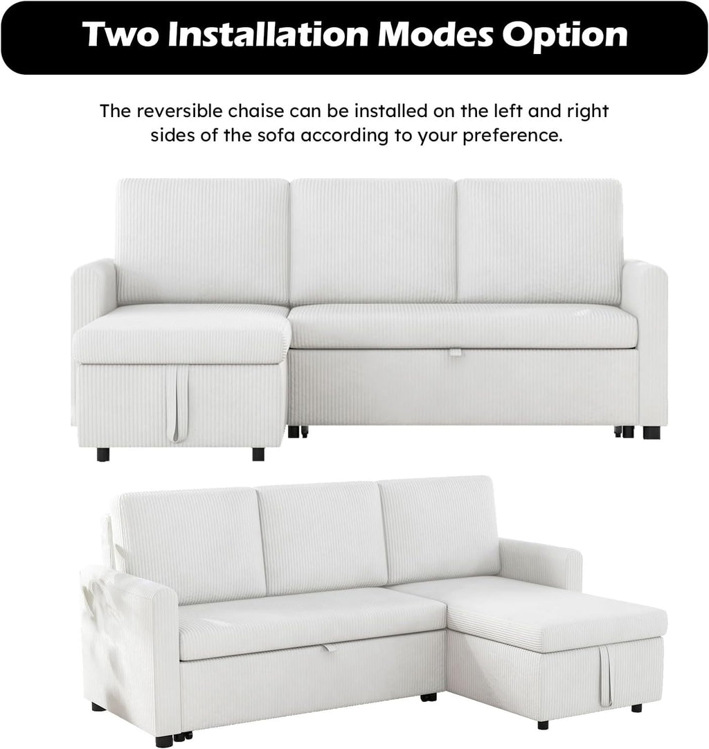 Beige Corduroy L-Shaped Sleeper Sofa with Storage Chaise and 2 Pillows M17222