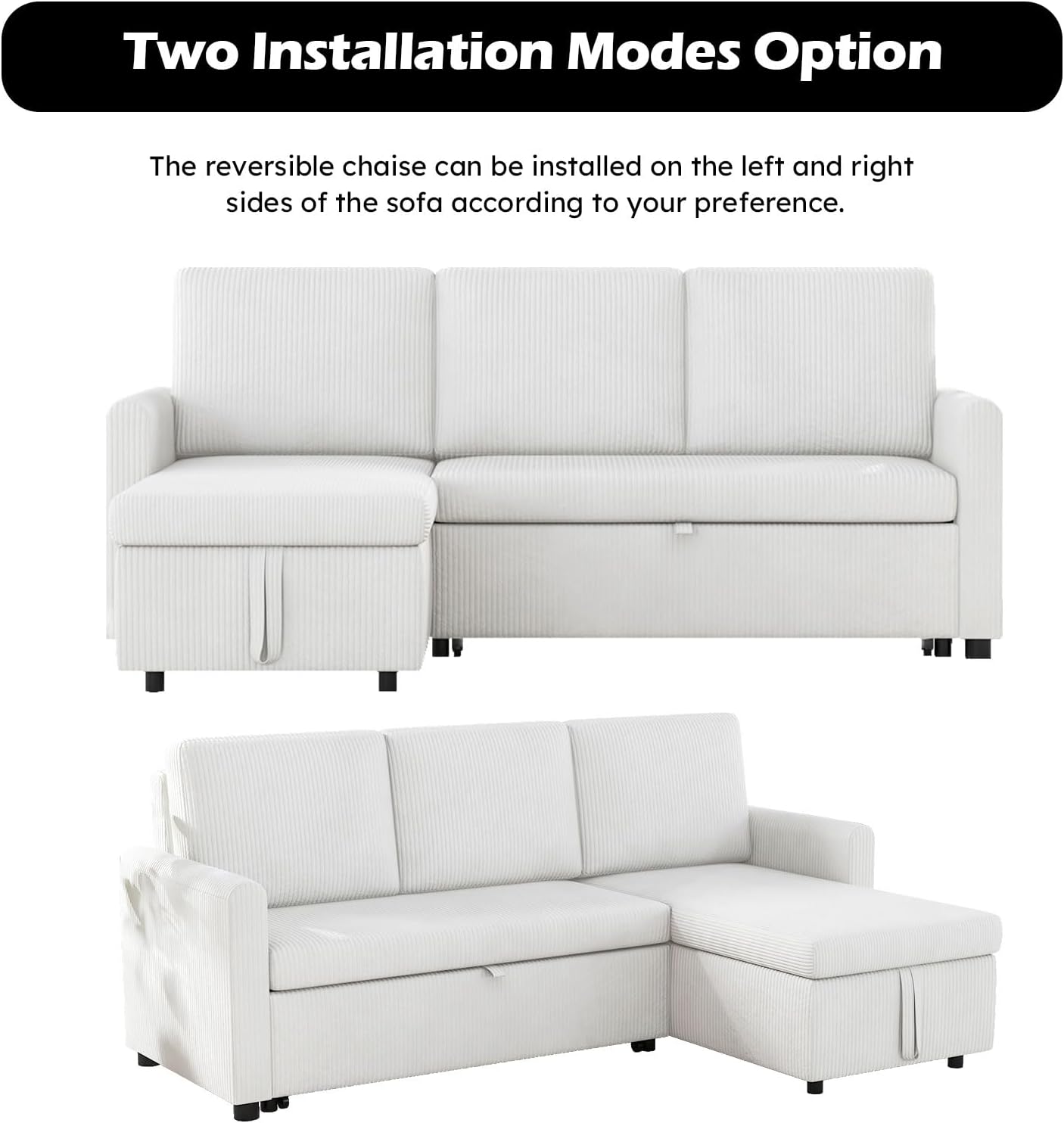 Beige Corduroy L-Shaped Sleeper Sofa with Storage Chaise and 2 Pillows M17222