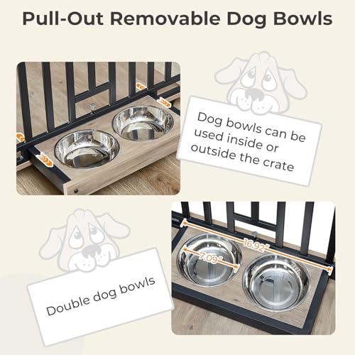 Grey Wooden Dog Crate with Double Doors and Pull-Out Dog Bowls F52847