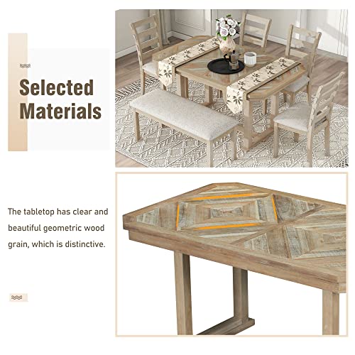 6-Piece Rubber Wood Dining Table Set with 4 Cushioned Chairs and Bench, Light Gray T736772