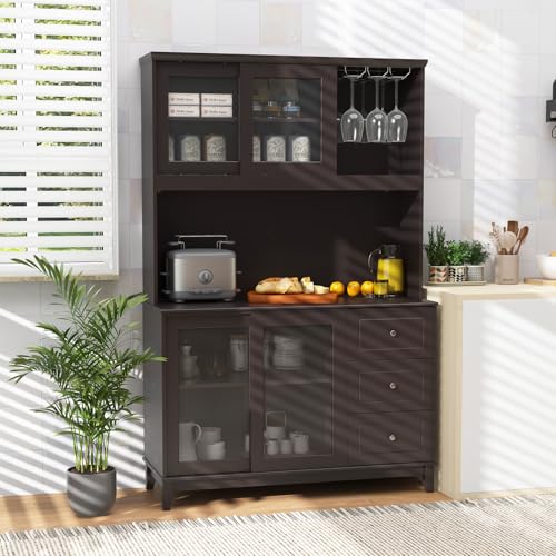 73" Kitchen Pantry Storage Cabinet with LED Lights & Power Outlet, Wine Glass Racks, Adjustable Shelves, Drawers (Espresso) Q89858