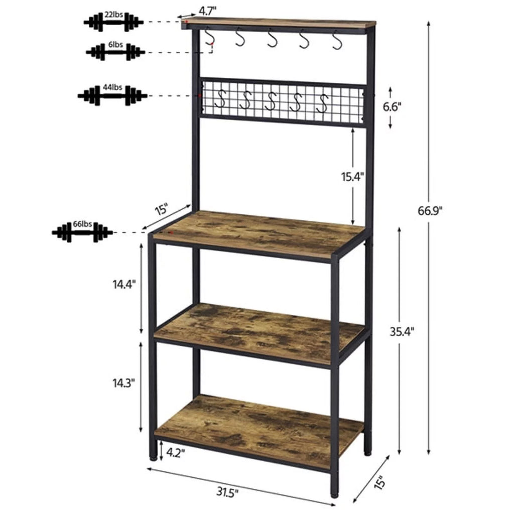 67" Wooden Rustic Brown Bakers Rack with 4 Storage Shelves & 10 Hooks E3386