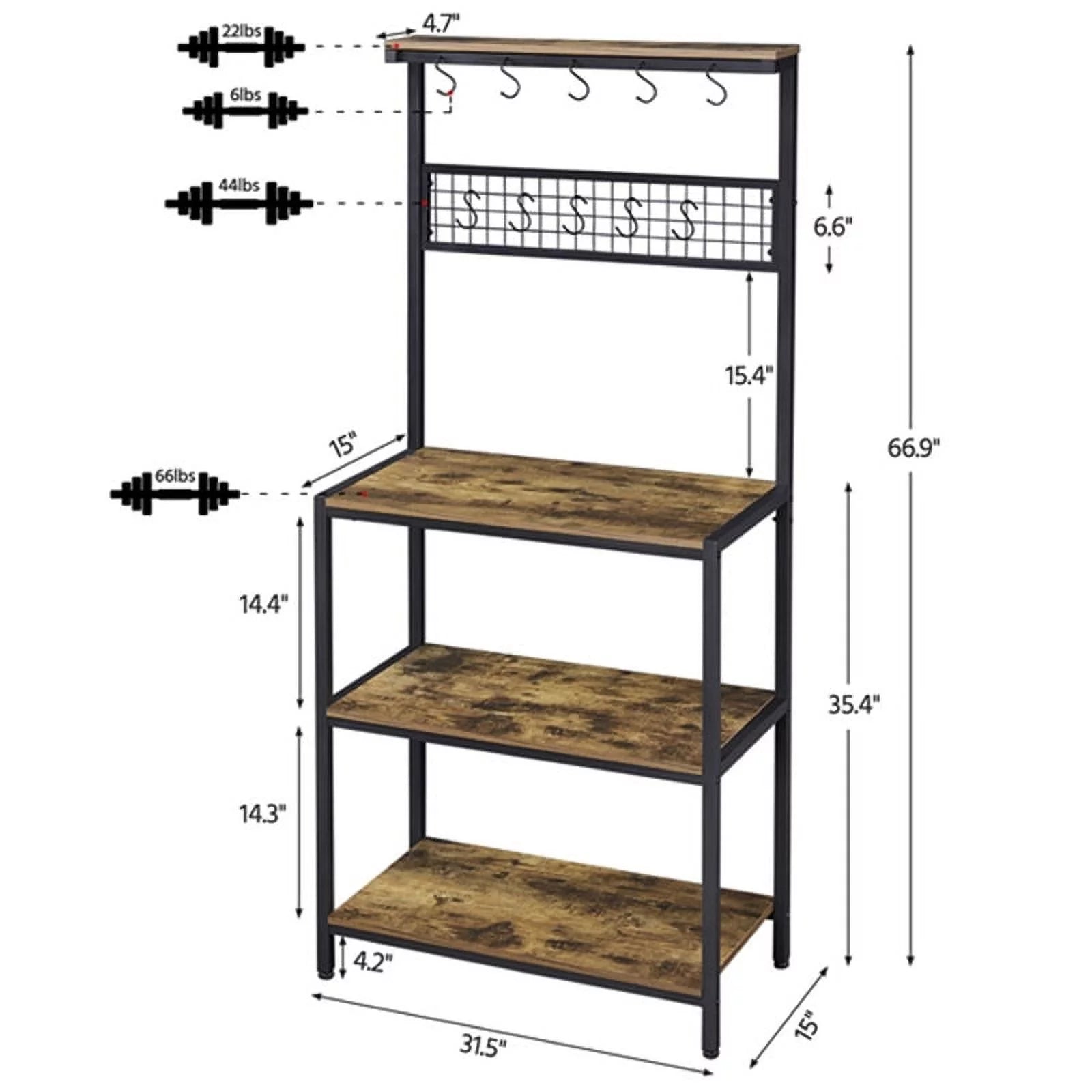 67" Wooden Rustic Brown Bakers Rack with 4 Storage Shelves & 10 Hooks E3386
