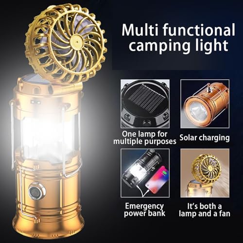 5-in-1 Portable LED Camping Lantern with Fan, Solar/USB Rechargeable, Lightweight ABS (Silver, 17.7X10X7.7cm) E9502