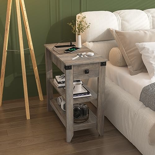 Set of 2 Narrow Side Table with Charging Station and Storage Drawer Rustic Grey Z8175