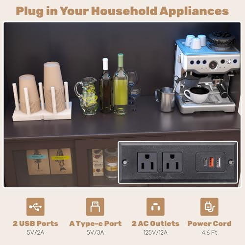 73" Kitchen Pantry Storage Cabinet with LED Lights & Power Outlet, Wine Glass Racks, Adjustable Shelves, Drawers (Espresso) Q89858
