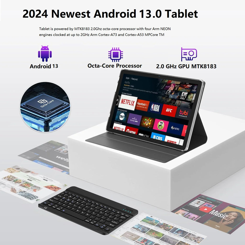 10 Inch Android Tablet with Keyboard, 128GB ROM + 16GB RAM, Octa-Core Processor A396464