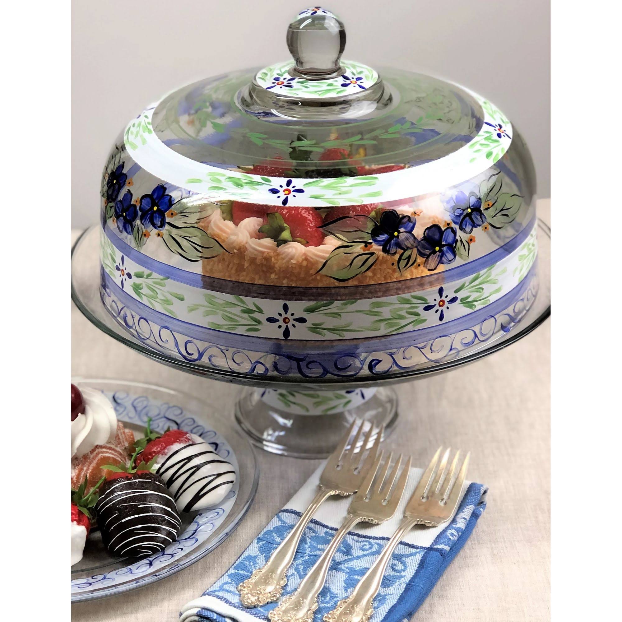 Blue Floral Hand Painted Glass Large Cake Dome E517