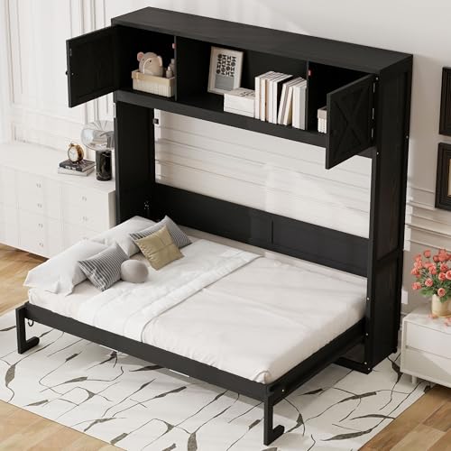 Black Full Horizontal Murphy Bed with Shelves and Storage Bookcase J615