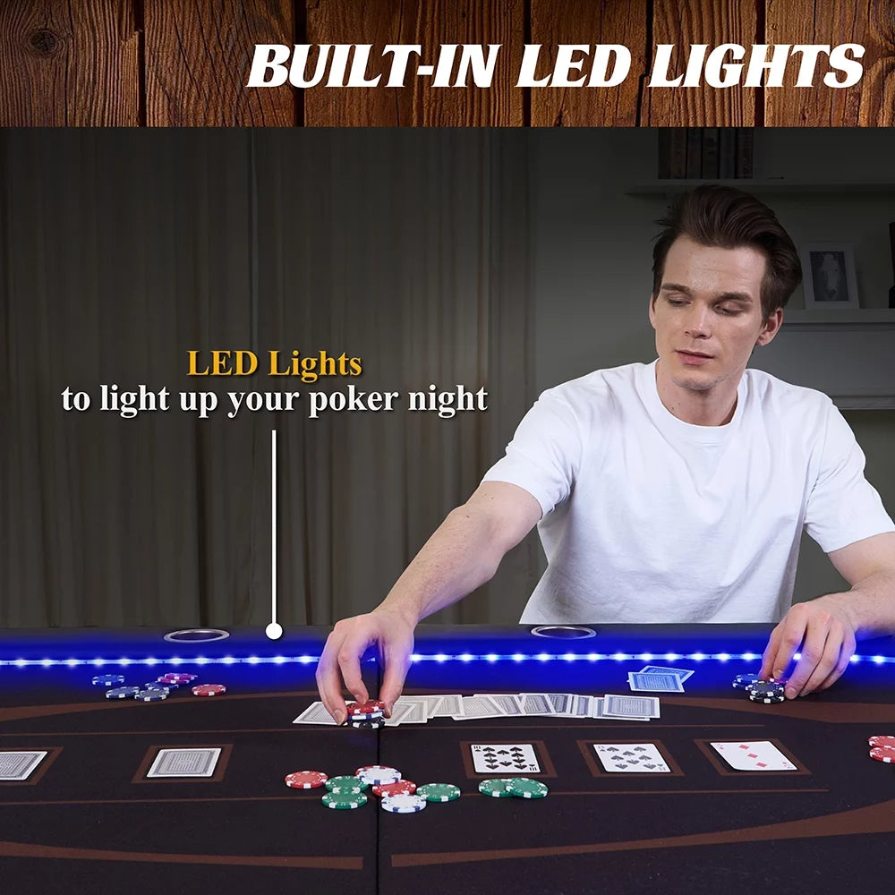 10-Player Poker Table with In-laid LED Lights, Brown and Black L527