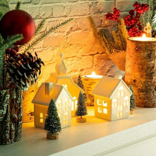 7 Pcs Christmas Porcelain Village Tabletop Figurine LED House Decorations J40535