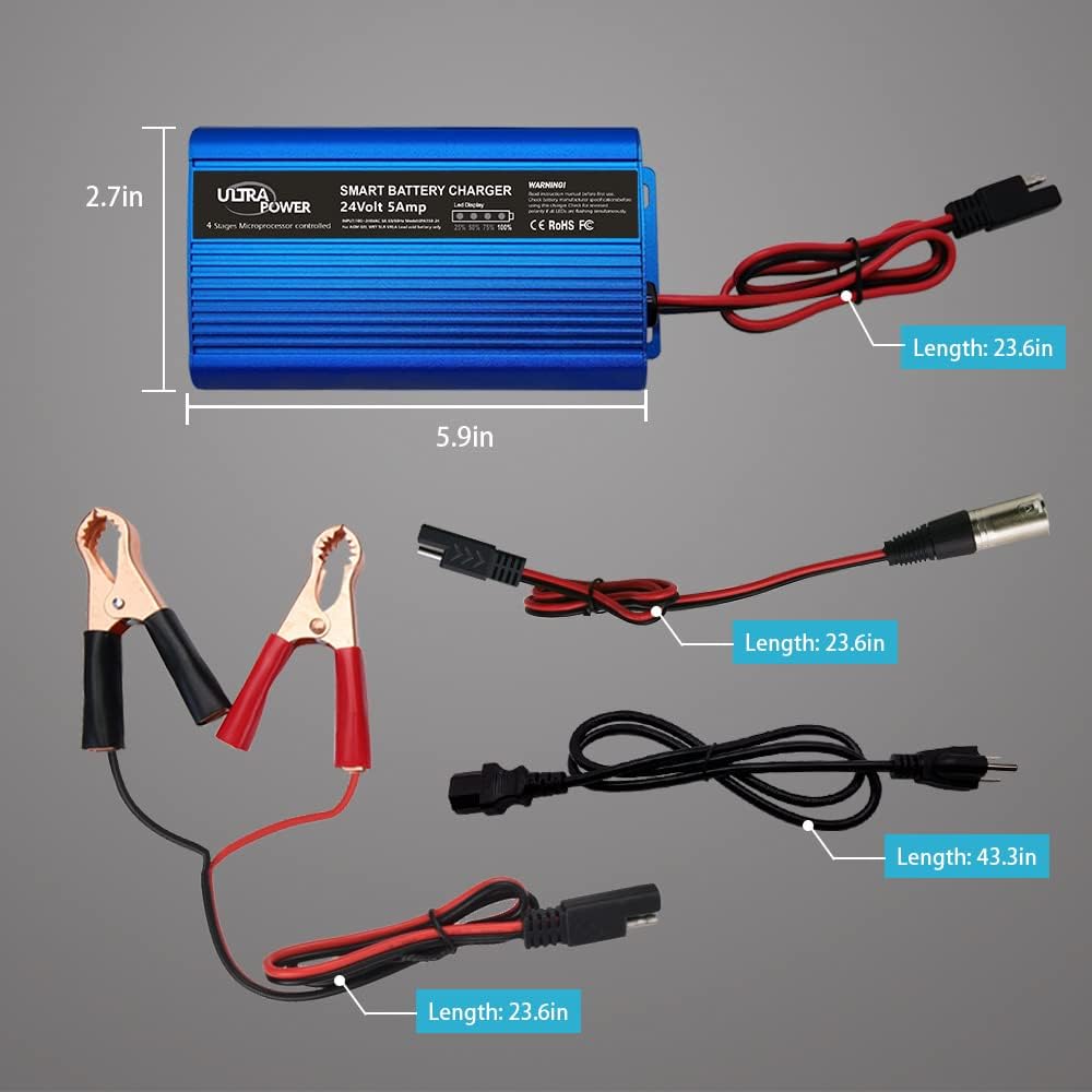 24 Volt 5-Amp Smart Battery Charger Maintainer Desulfator with I/O Switch U877