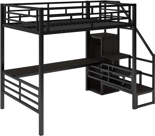 Full Size Metal Loft Bed with Desk and Wardrobe H7980