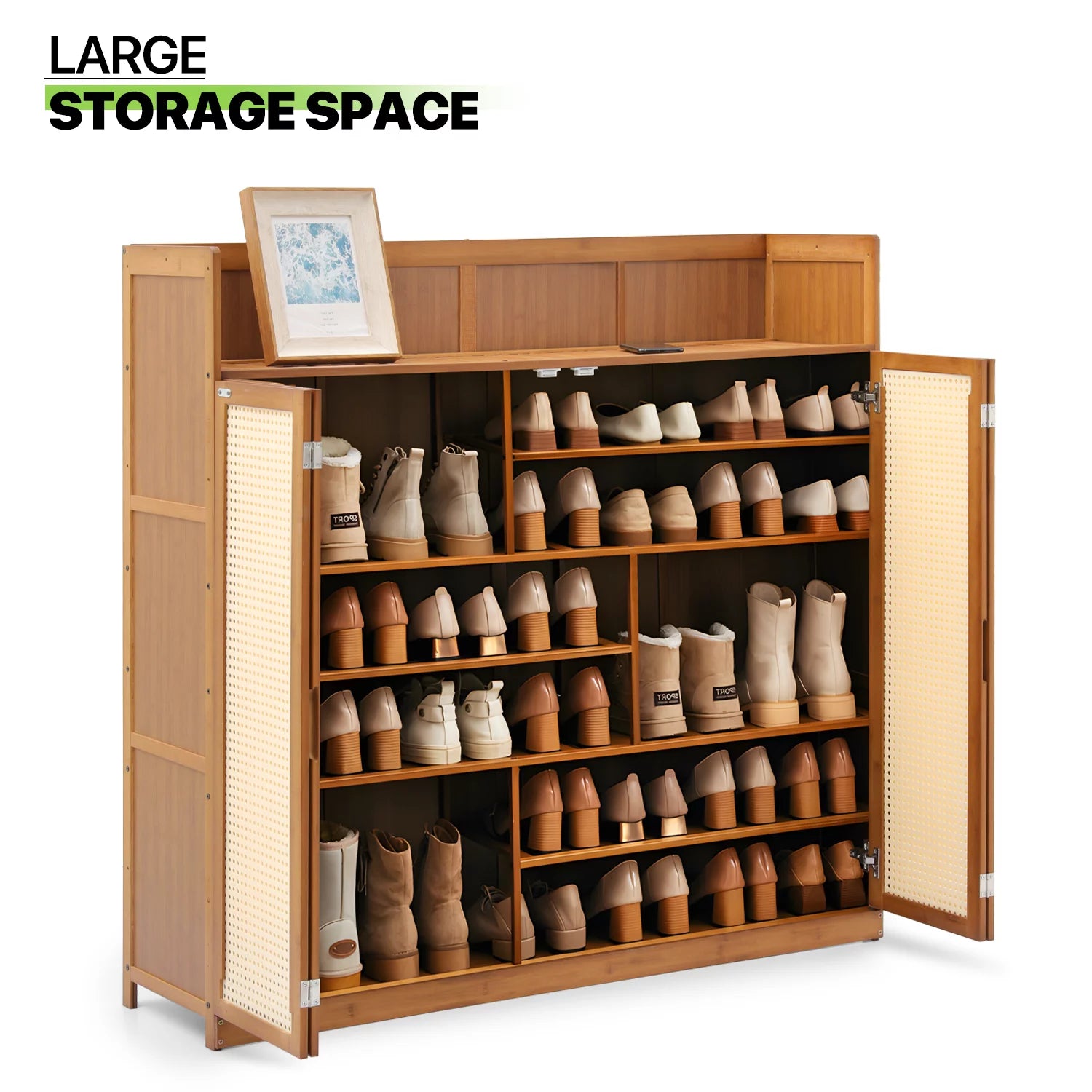 Bamboo 30 Pairs 7-Tier Shoe Cabinet with Folding Rattan Doors and Boots Compartments N749580