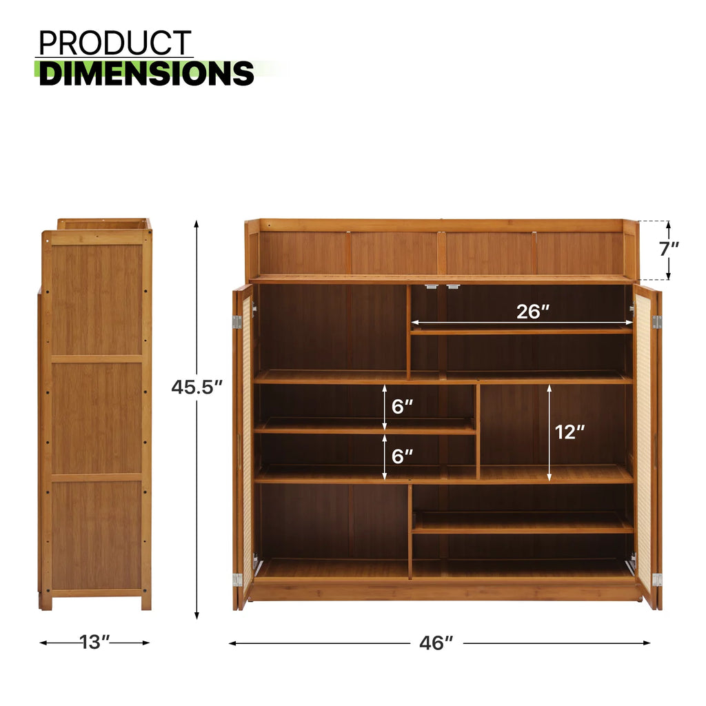 Bamboo 30 Pairs 7-Tier Shoe Cabinet with Folding Rattan Doors and Boots Compartments N749580