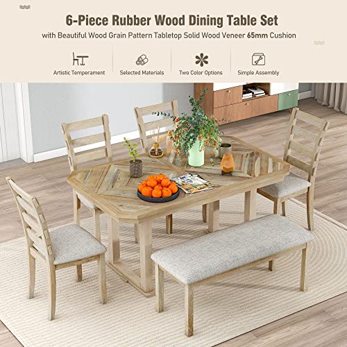 6-Piece Rubber Wood Dining Table Set with 4 Cushioned Chairs and Bench, Light Gray T736772