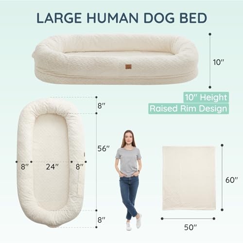 Ivory White 72"x40"x10" Faux Fur Orthopedic Foam Dog Bed with Blanket O434331